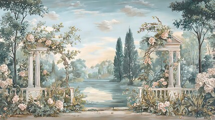 Vintage wallpaper illustrating a picturesque Roman forest garden with elegant floral designs