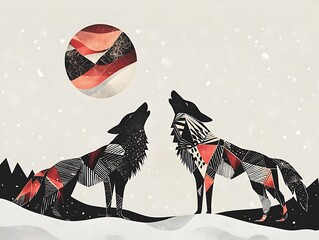 Illustrated poster abstract wolves with geometric fur patterns howling at a minimalistic moon, Swiss design