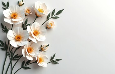 Fototapeta premium Floral design on white backdrop. Bouquet of white flowers, green leaves illustration. Spring summer bloom, romantic flower blossom pattern for greeting cards or wedding invitation.