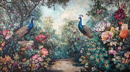 Timeless Roman garden mural featuring a forest backdrop, peacocks, and vibrant floral patterns