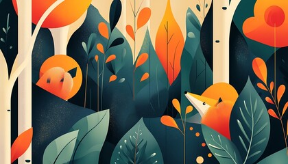 Illustrated poster foxes with bouffant tails in an abstract forest using basic geometric forms, Swiss design