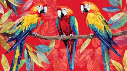 Illustrated poster featuring exotic parrots with geometric feather patterns perched on stylized branches, Swiss design