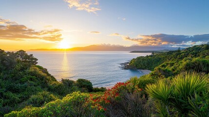 Scenic sunset over the ocean highlighting a tropical island silhouette with vibrant colors in the sky