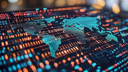 Digital world map on glowing circuit board. Global data.  Stock photo