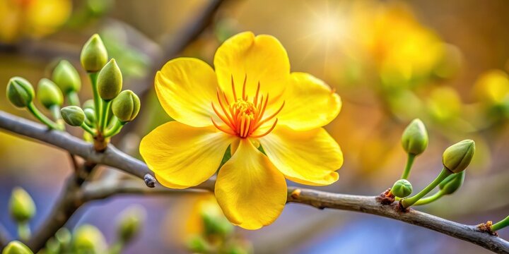 Brightly colored yellow Ochna integerrima flower close-up with delicate petals and intricate details in a shallow depth of field, set against a plain background , close up, bloom