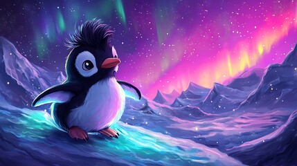 adorable penguin with a pompadour sliding on ice under the northern lights