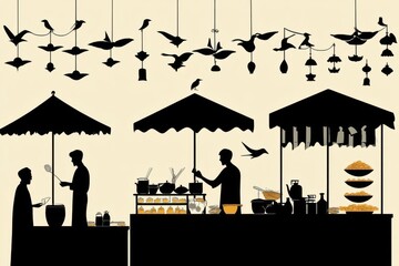 Silhouette of a vibrant food market scene with vendors and customers amidst decorative elements