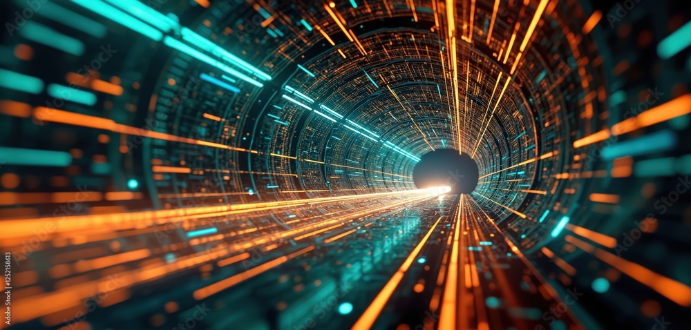 Poster abstract cyberspace illustration shows data tunnel with orange and blue lines. futuristic tech desig