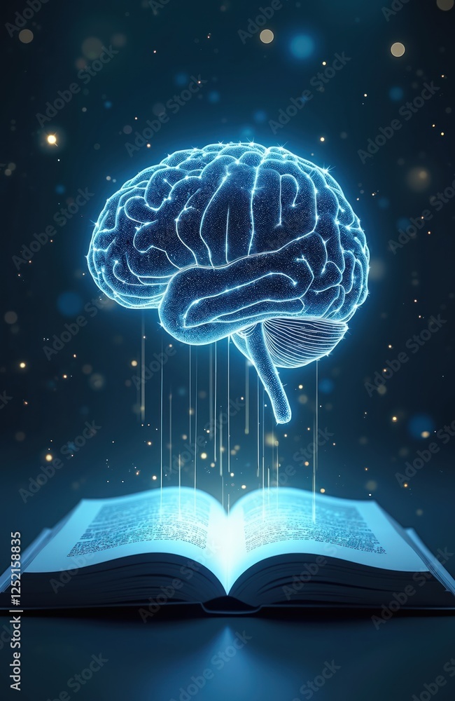 Poster illustration of glowing brain above open book artificial intelligence, machine learning. future tech
