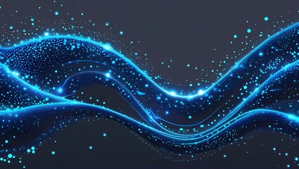 A mesmerizing abstract wave flows across the canvas, composed of vibrant, electric blue particles that appear to move in a synchronized dance