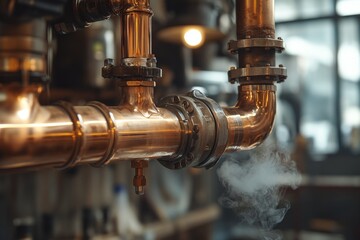 Industrial pipes with steam in a factory setting