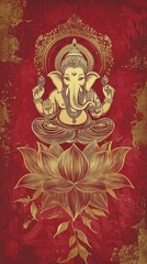 Golden Ganesha on Lotus Flower - Red and Gold Spiritual Art