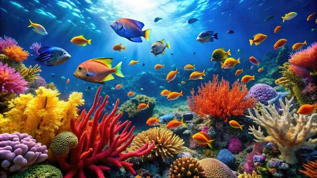Coral reef with colorful fish and seaweed swaying gently in the current, colorful, ocean floor, coral reef