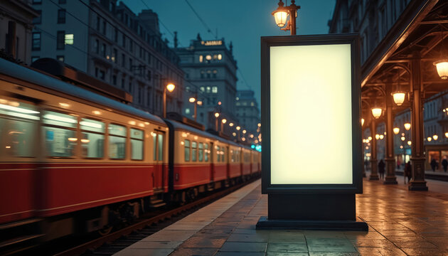 Vintage train station with moving train and lit advertisement kiosk. Transit dynamic and advertising concept. Blank ad billboard template in urban scene. City life glow.