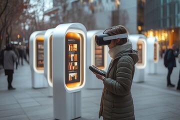 Person using a futuristic touchscreen vending machine on a city street