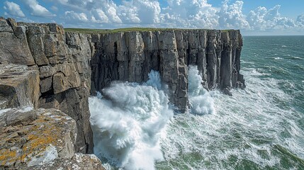 Dramatic coastal cliffs, powerful waves crashing, sunny day. Possible use Nature photography, stock photo, print, or website background