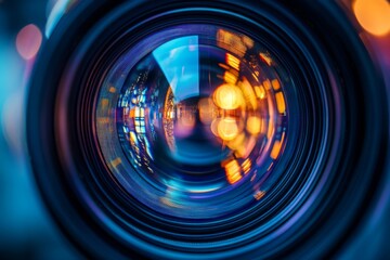 Close-up of a camera lens with vivid light reflections