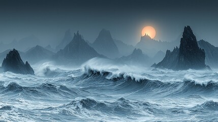 Dramatic stormy sea, mountains, sunrise.  Possible use Stock photo