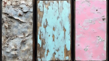 Naklejka premium Three weathered painted wood panels display a unique texture