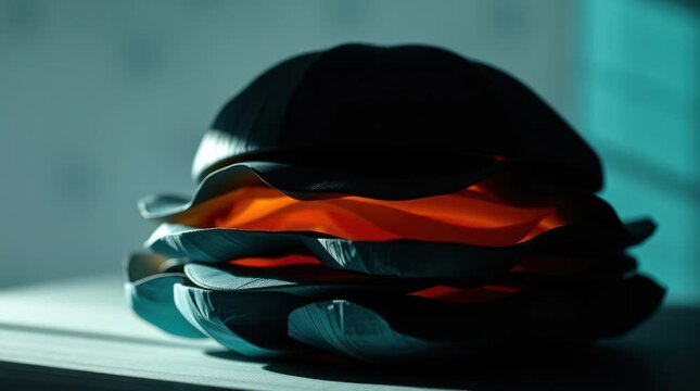 Close-up of glossy, abstract black and orange sculptures