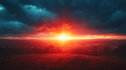 Dramatic sunset over hills; vibrant colors; dramatic sky; serene landscape; nature photography; possible use stock photo