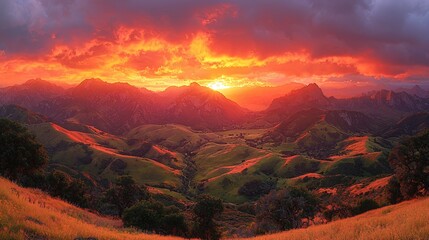 Dramatic sunset over mountain valley landscape.  Possible use for backgrounds in nature or travel websites