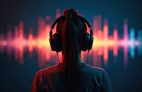 Back view girl with headphones listens to music on dark background. DJ lady silhouette in earphones enjoys relax, sound frequency waves, imagination, meditation, music therapy.