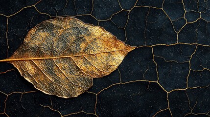 Dried gold leaf on textured dark background. Possible use Nature photography, abstract art