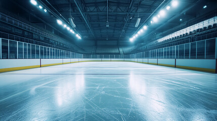 An empty hockey ice rink in a sports arena, showcasing a vacant playing field.
