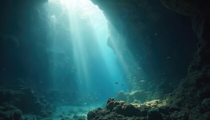 Obraz premium Sun rays illuminate underwater cave creating ethereal, serene mood. Marine life swims around rocks. Subaquatic landscape offers mysterious, tranquil escape into deep sea natural wonder, captivating
