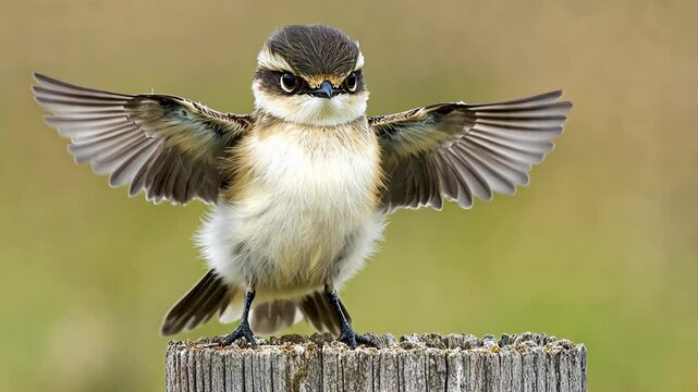 Bird spreads its wings while perched on a wooden post in a calm natural setting during daytime