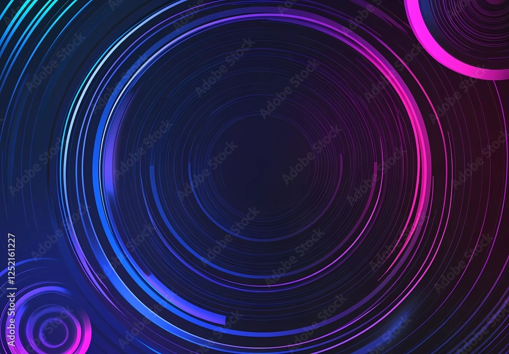 Poster abstract vector background with sound waves and circles in blue and purple colors on a black backgro