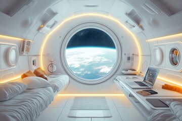 Fototapeta premium Round window with a futuristic design overlooking a bright landscape