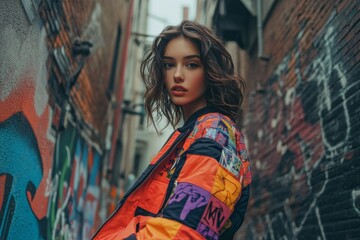 Naklejka premium Fashionable woman in a vibrant orange and pink outfit outdoors