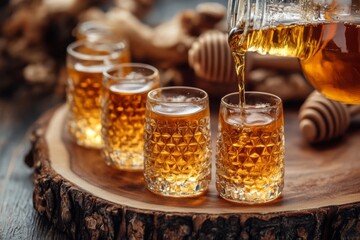 Fototapeta premium Row of honey jars with golden honeycomb and wooden dipper on rustic table