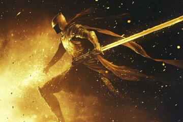 Naklejka premium Golden knight in action holding sword amidst magical sparks