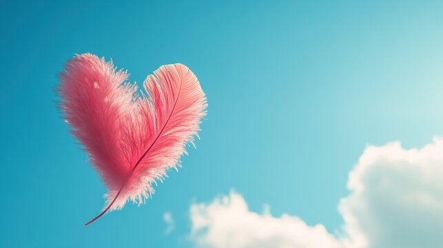 Soft, textured pink feather heart set against a clear blue sky with subtle cloud details, creating a harmonious and romantic visual.