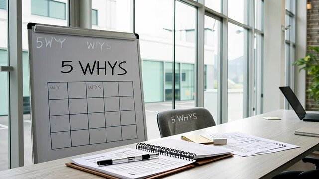 5 WHY analysis concept, Whiteboard with 5 WHY in a modern office space
