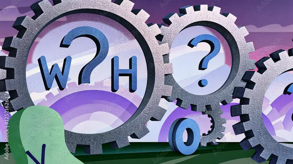 Poster 5 why analysis concept, abstract gears with question marks in a landscape