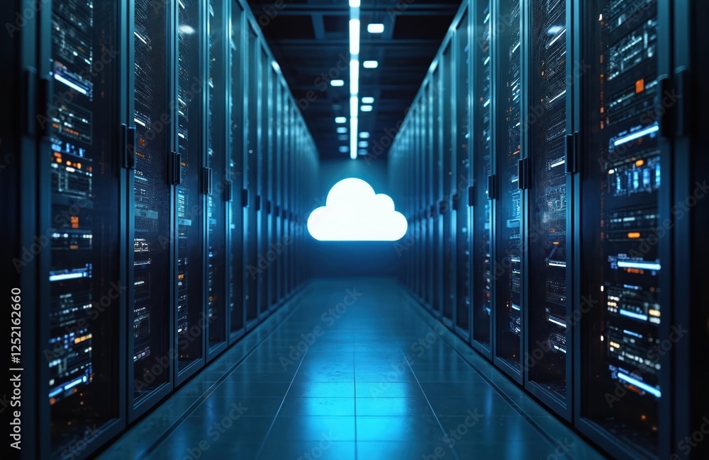 Poster ai illustration of big data center, server room. cloud service. information digitalization starts wi