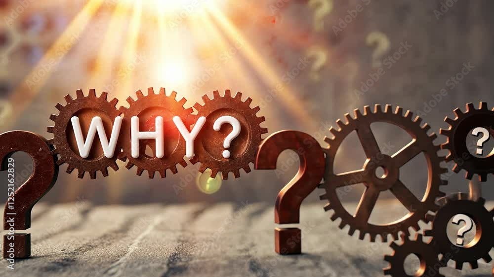 Poster 5 why analysis concept, question mark gears with the word why illuminated.