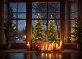 Cozy room with candles and a large Christmas tree reflected in a windowpane, reflective glass, festive atmosphere, winter scene
