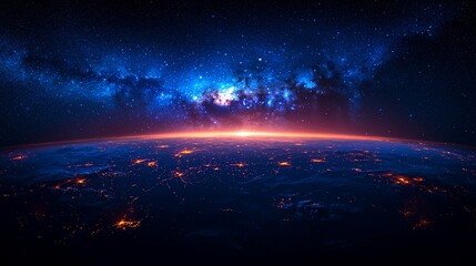 Earth sunrise, city lights, galaxy background; stock photo for space, astronomy, or science themes