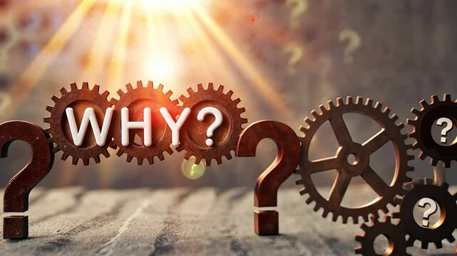 5 WHY analysis concept, Question mark gears with the word WHY illuminated.