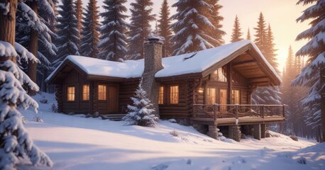 Cozy wooden cabin nestled among snow-covered trees near ski resort at sunset, afternoon, winter resort, nature