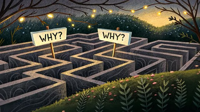 5 WHY analysis concept, Maze with WHY signs under warm lights.