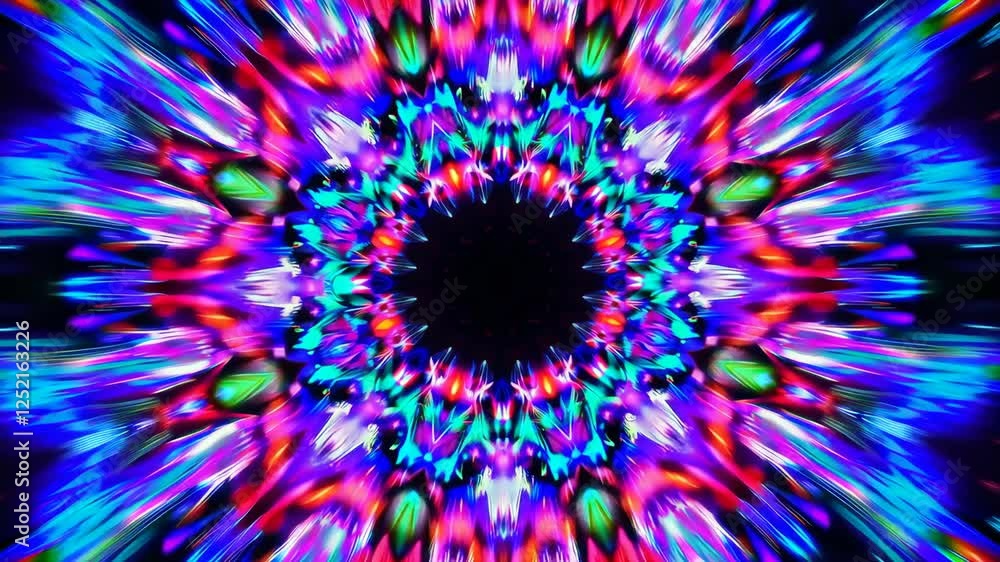 Poster abstract kaleidoscope pattern with vibrant colors, digital art. psychedelic and optical illusion con