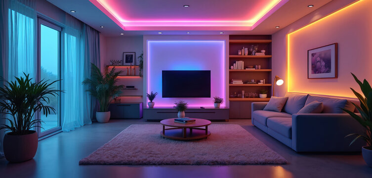 Modern living room with led strip lights. Contemporary house interior with comfortable sofa, table, bookshelf, tv. Stylish apartment design illuminated by blue, purple, yellow neon light, create cozy