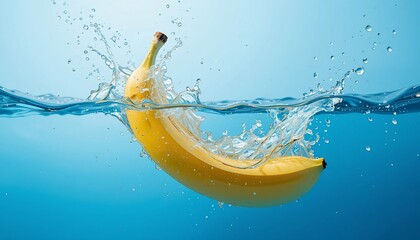 Refreshing Yellow Banana Splashing into Clear Blue Water