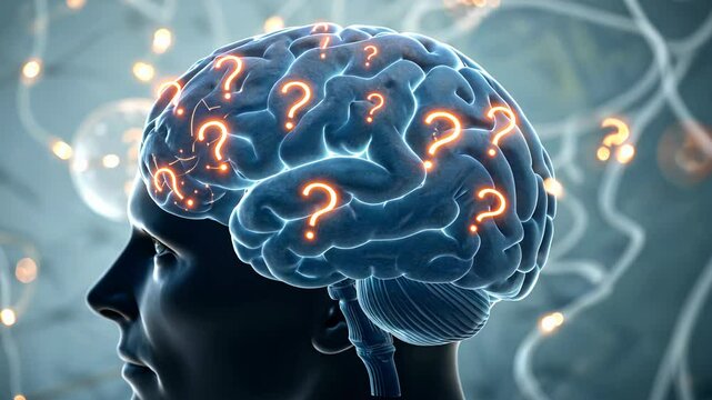 5 WHY analysis concept, Human brain with question marks and glowing elements.
